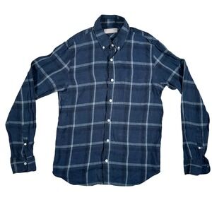 Everlane Womens XS Blue Plaid 100% Linen Button Down Shirt Long Sleeve